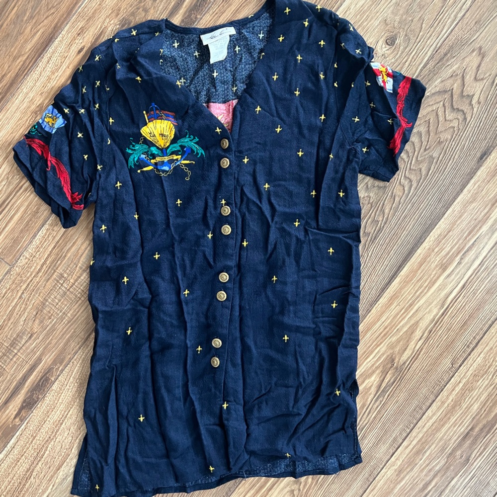 Vintage Kathie Lee Nautical  Blue Blouse with Colorful Flag Design